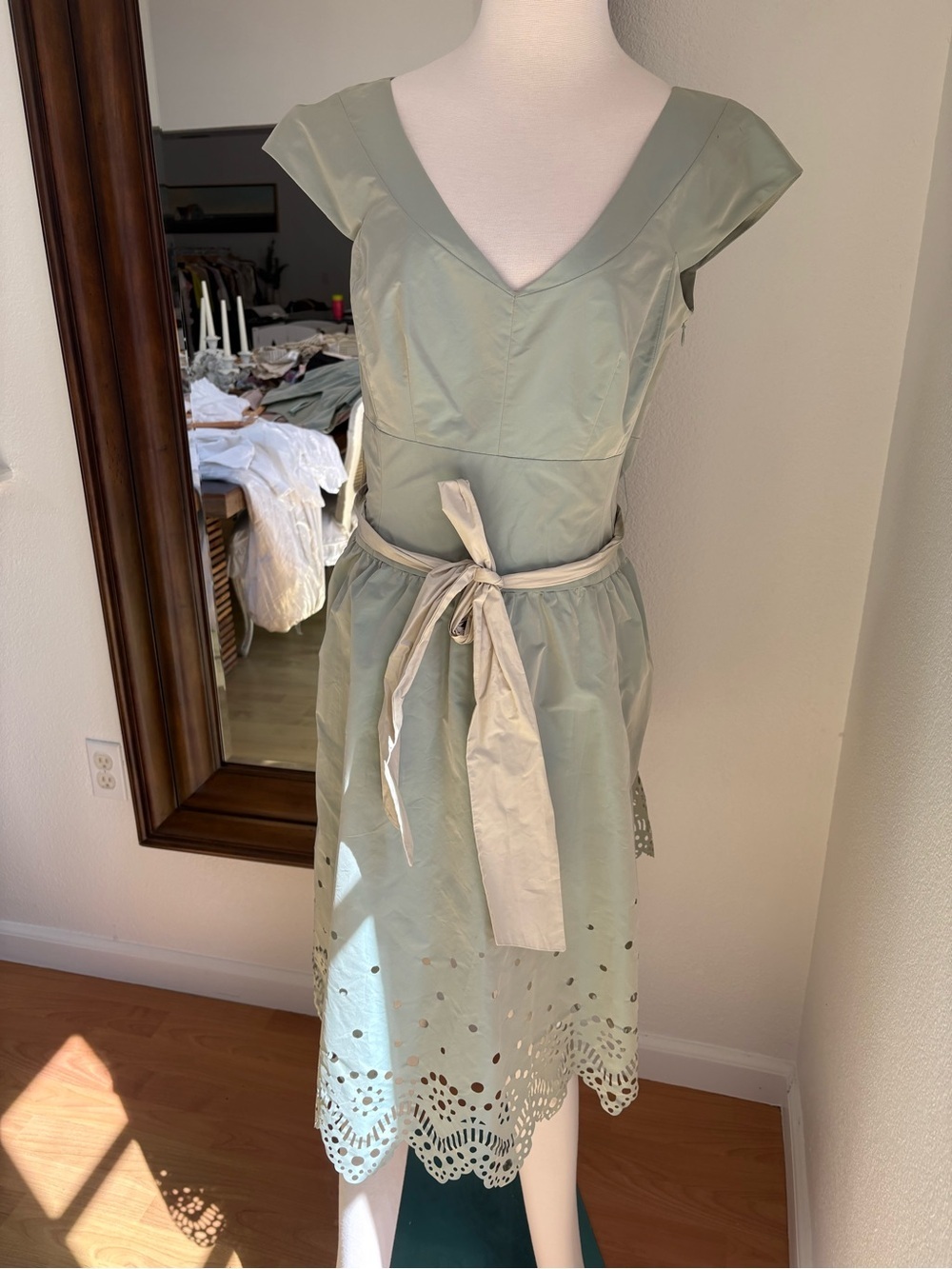 Sage Green V-Neck Belted Dress